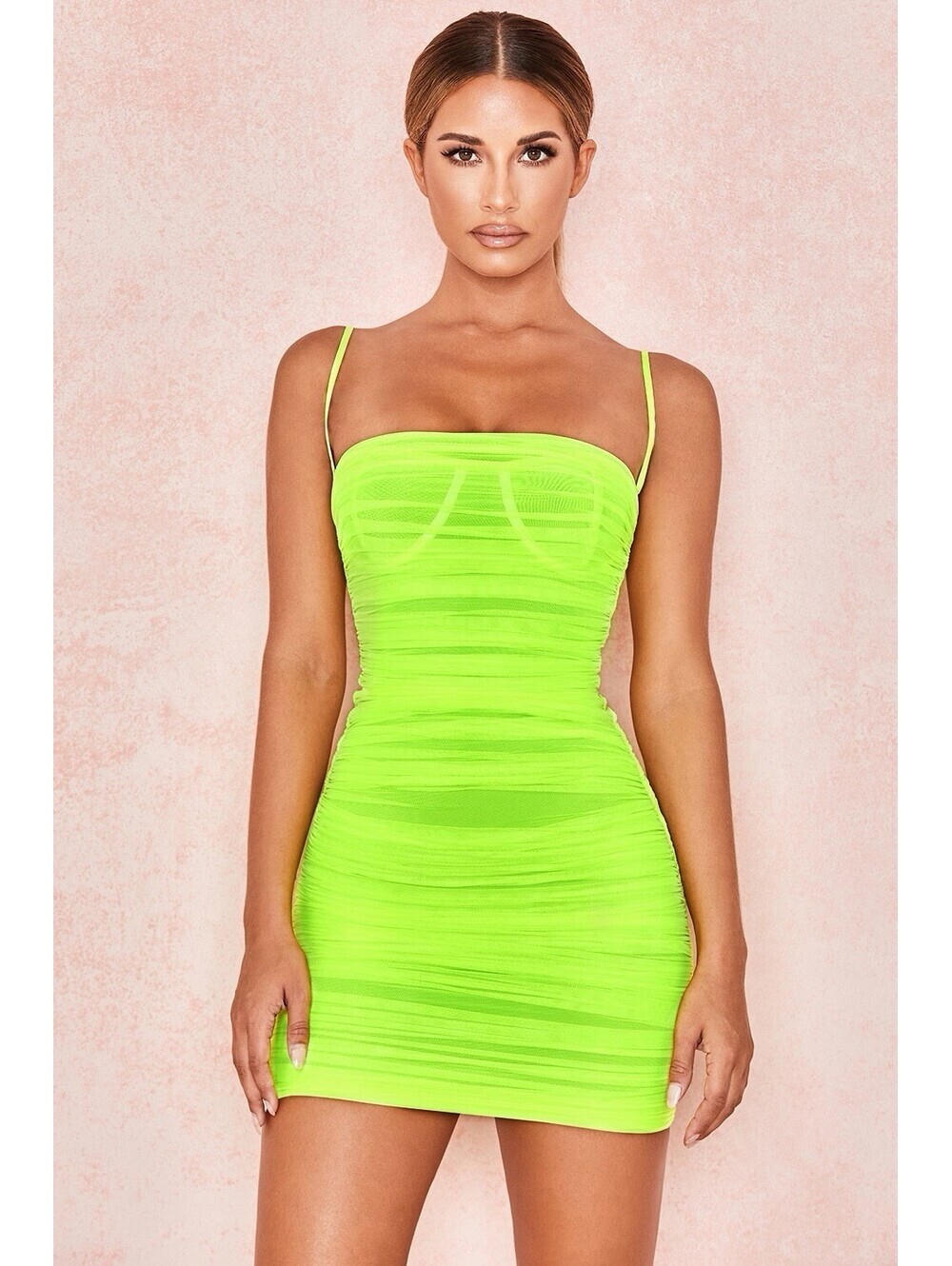House of CB London Ella Neon Green Ruched Bodycon Mini Dress Size XS NWT
